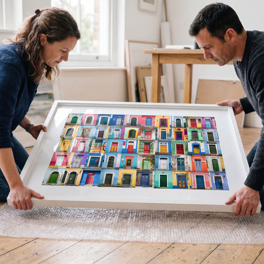 Colorful Doors of Brazil IV framed wall art in a cozy interior
