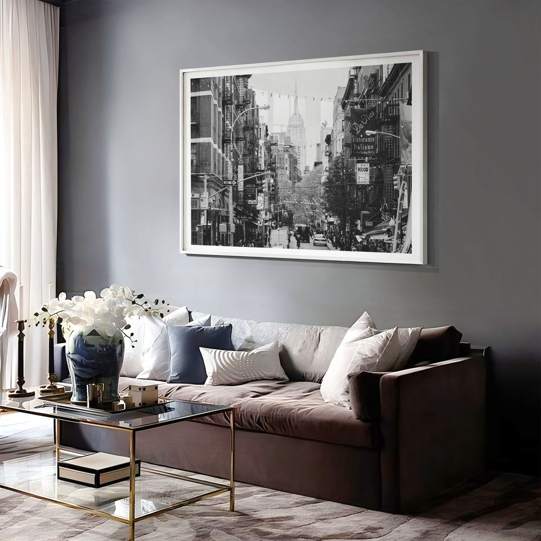 Little Italy and Empire State Building, New York City – B&amp;W print displayed in a bedroom setting