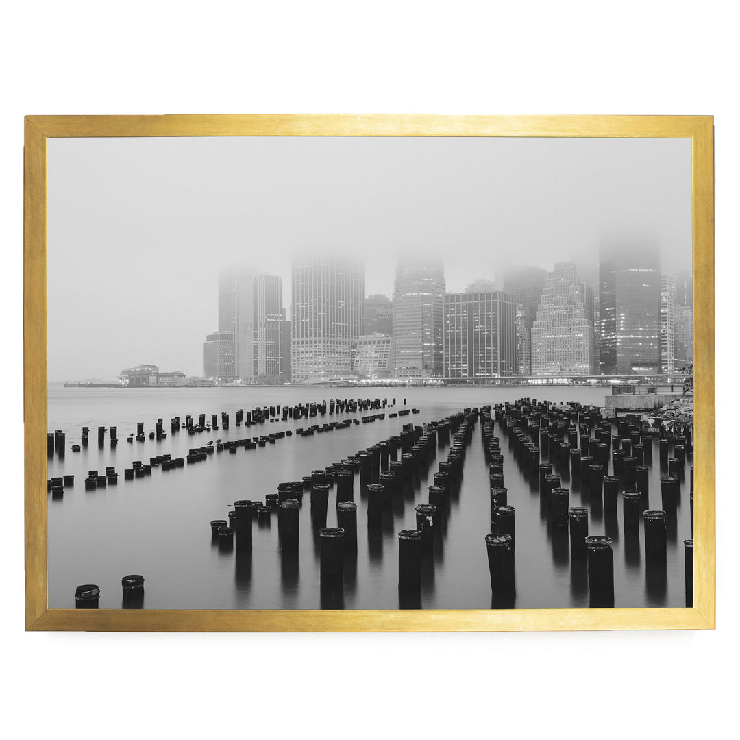 Foggy Manhattan Skyline, New York City – B&amp;W print in a gold frame without mat