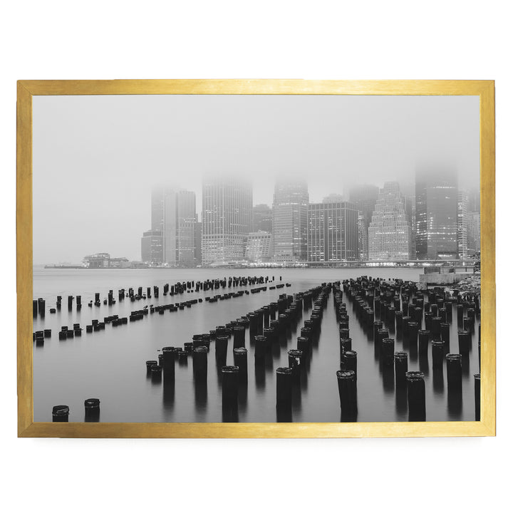 Foggy Manhattan Skyline, New York City – B&amp;W print in a gold frame without mat