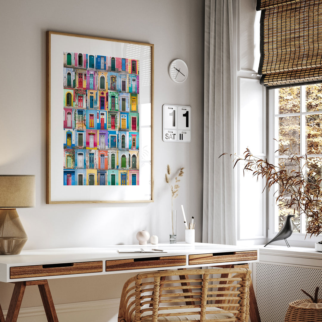 Colorful Doors of Brazil III framed print hanging in a styled interior