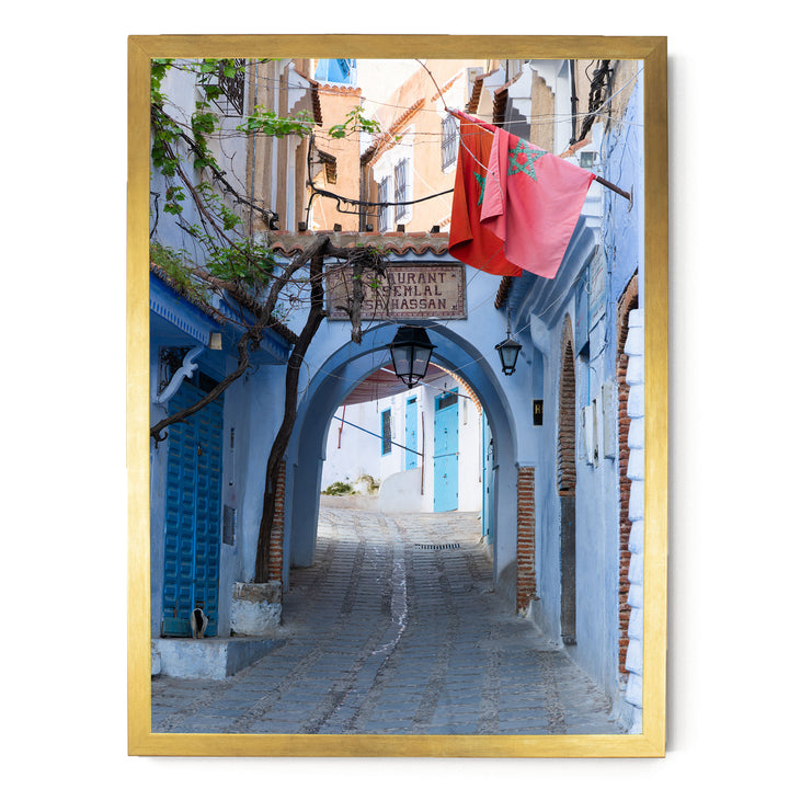 Moroccan Flag in the Blue City, Chefchaouen print in a gold frame without mat