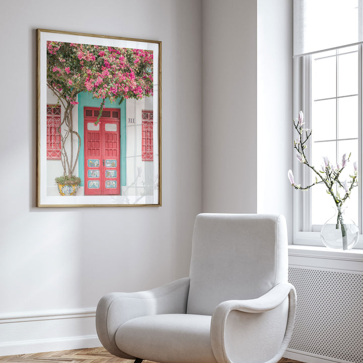 Bougainvillea and Red Door, Olinda, Brazil framed wall art in a cozy interior