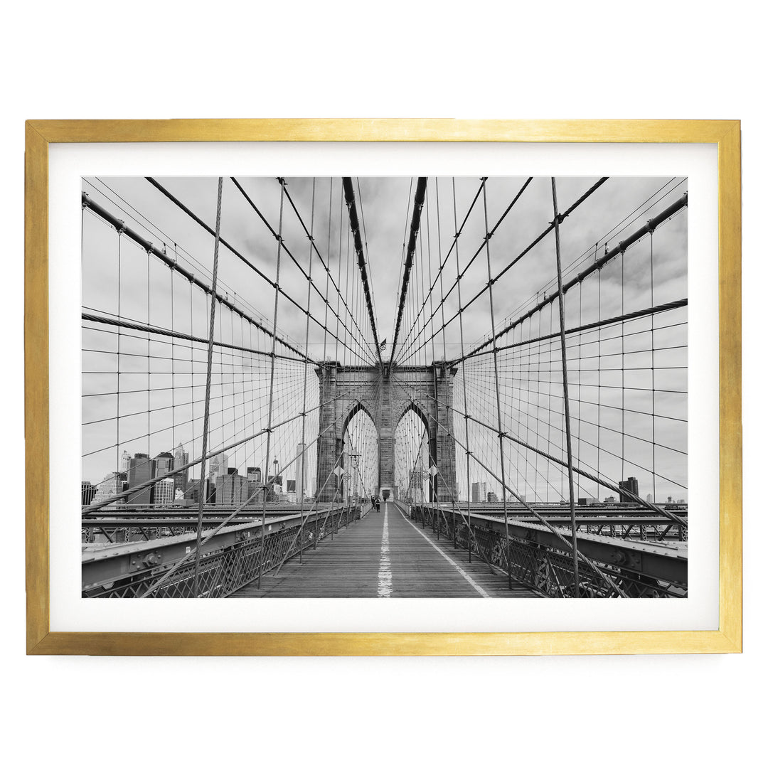Brooklyn Bridge Walkway, New York City – B&amp;W print in a gold frame with white mat
