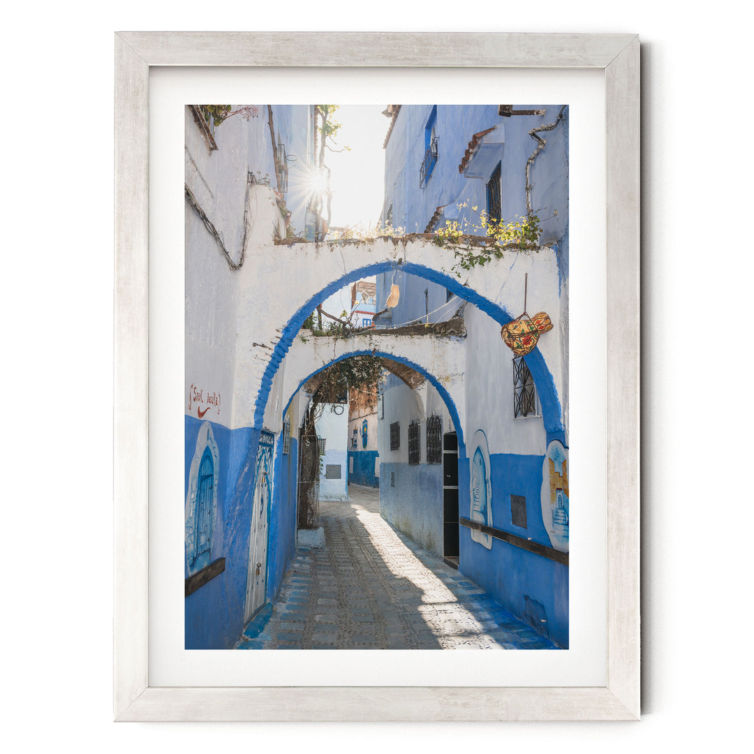 Blue Archways, Chefchaouen, Morocco print in a silver frame with white mat