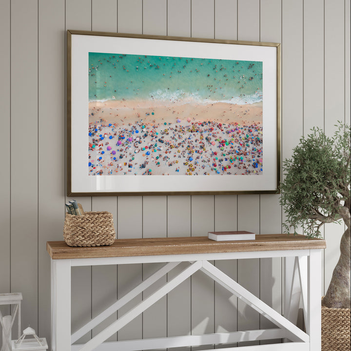 Beach Umbrellas from Above, Ipanema, Rio de Janeiro, Brazil framed wall art in a home interior