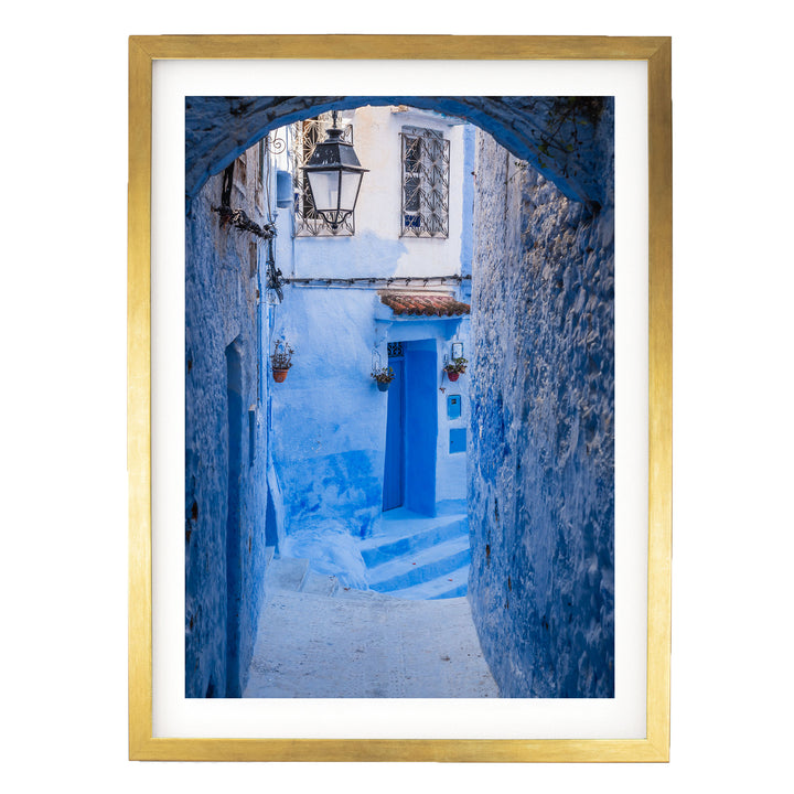 Blue Alley with Lantern, Chefchaouen, Morocco print in a gold frame with white mat