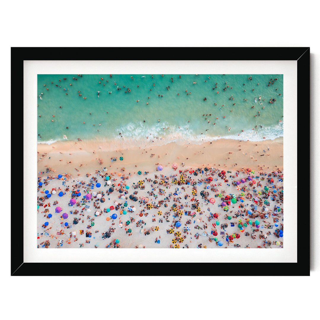 Beach Umbrellas from Above, Ipanema, Rio de Janeiro, Brazil print in a black frame with white mat