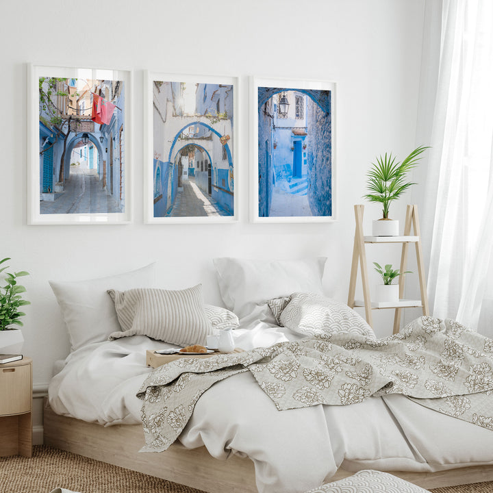 Blue City of Chefchaouen, Morocco print set of 3 framed prints in a cozy interior