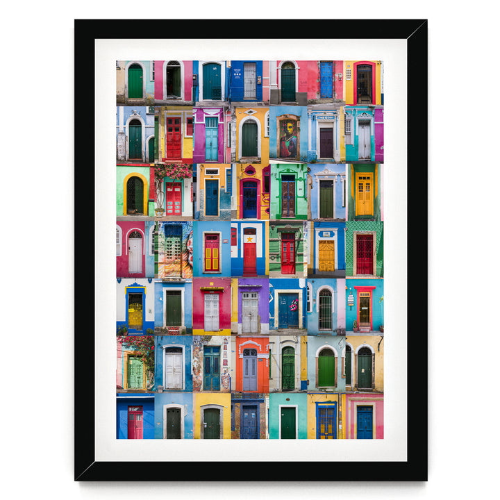 Colorful Doors of Brazil III print in a black frame with white mat