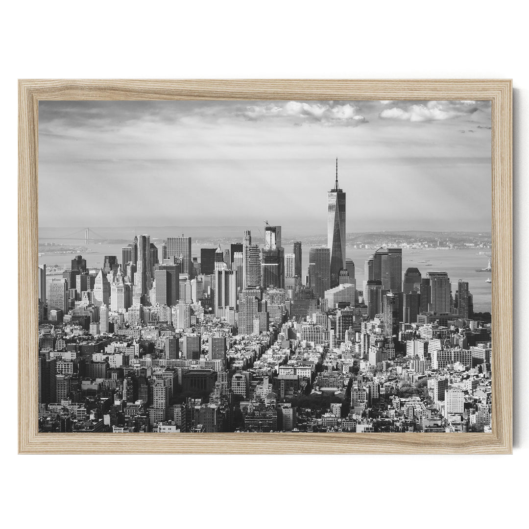 Manhattan Skyline from Above, New York City – B&amp;W print in a natural wood frame without mat