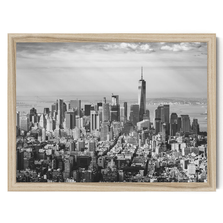 Manhattan Skyline from Above, New York City – B&amp;W print in a natural wood frame without mat