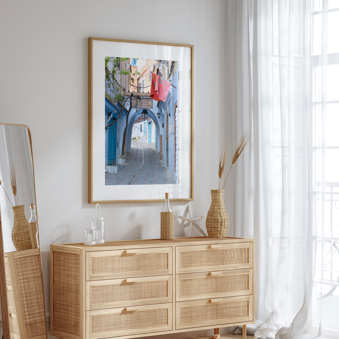Moroccan Flag in the Blue City, Chefchaouen wall art in a contemporary home