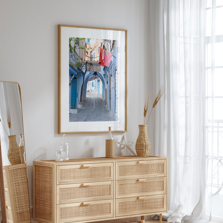 Moroccan Flag in the Blue City, Chefchaouen wall art in a contemporary home