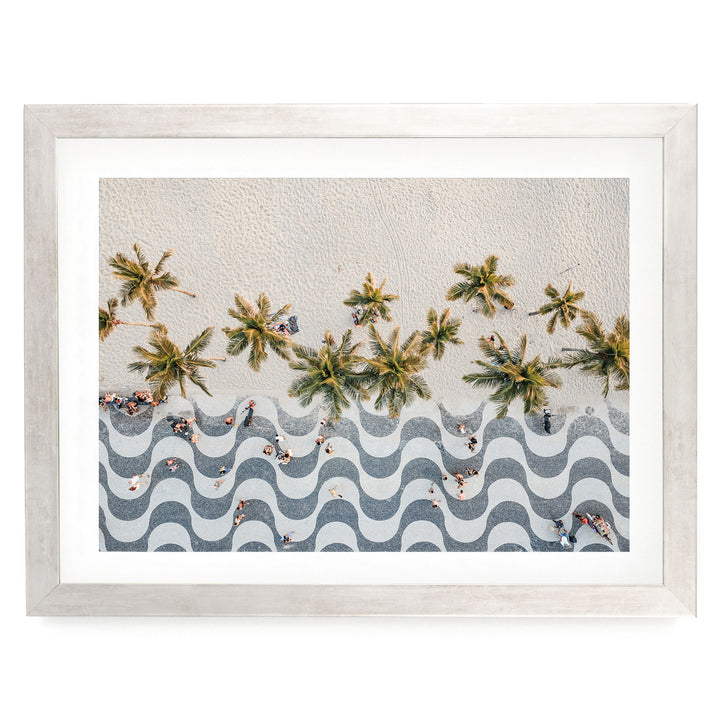 Copacabana Promenade from Above, Rio de Janeiro, Brazil print in a silver frame with white mat