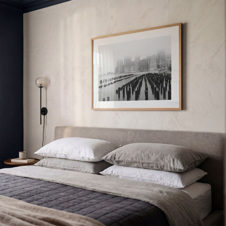 Foggy Manhattan Skyline, New York City – B&amp;W framed print styled on the wall