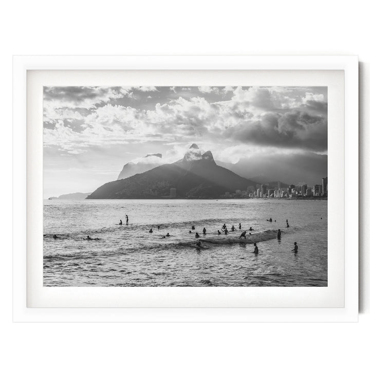 Sunlight over Ipanema, Rio de Janeiro, Brazil – B&amp;W print in a white frame with white mat