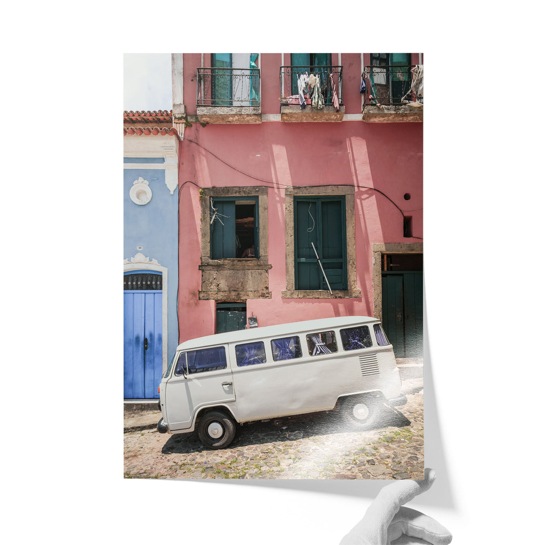 White Kombi Van, Pelourinho, Salvador, Brazil unframed print on lustre photo paper