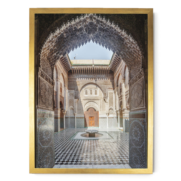 Ornate Madrasa Archway, Fes, Morocco print in a gold frame without mat
