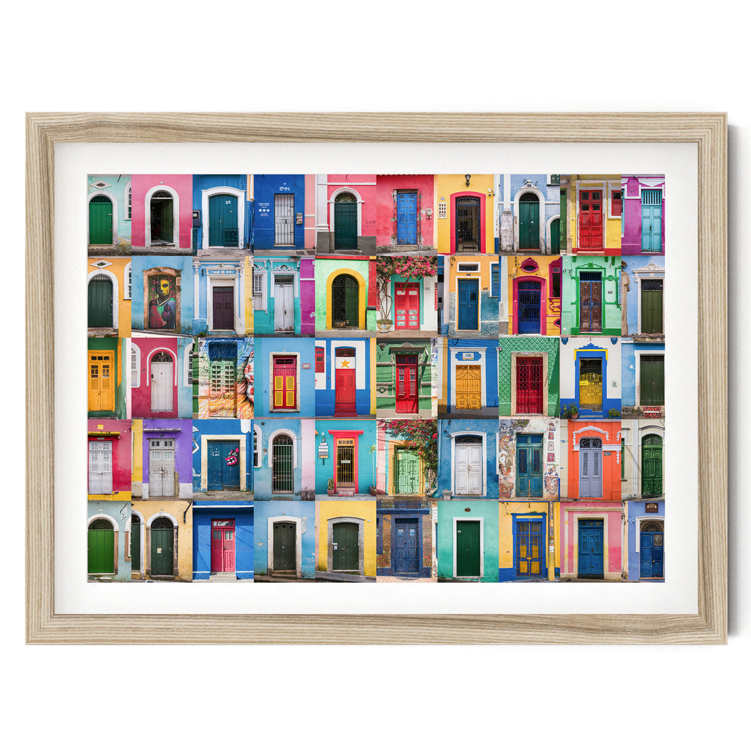 Colorful Doors of Brazil IV fine art print in a natural wood frame with white mat