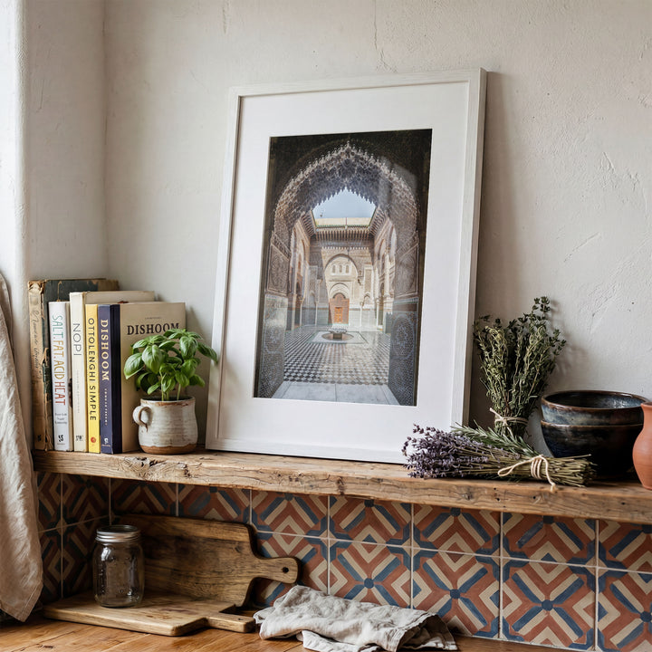 Ornate Madrasa Archway, Fes, Morocco framed print in a decorated room