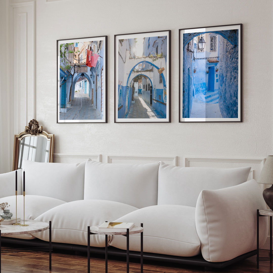 Blue City of Chefchaouen, Morocco print set of 3 gallery wall in a decorated room