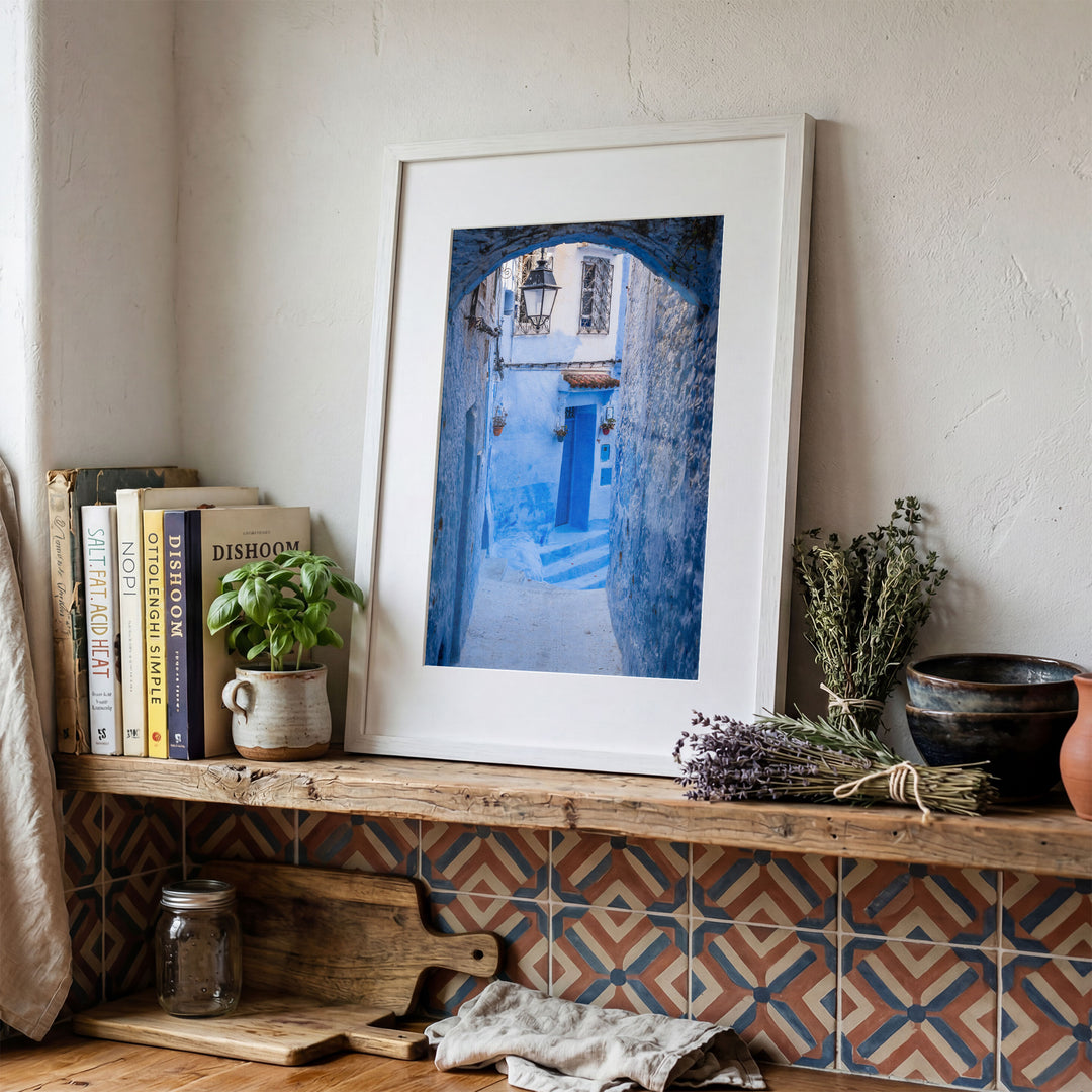 Blue Alley with Lantern, Chefchaouen, Morocco framed print in a decorated room
