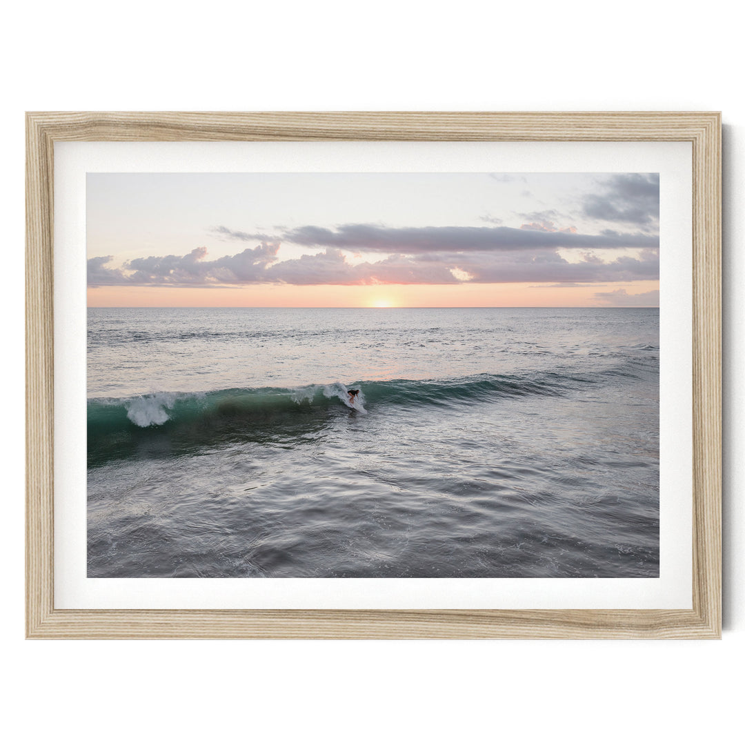 Riding the Wave at Sunset I, Costa Rica fine art print in a natural wood frame with white mat