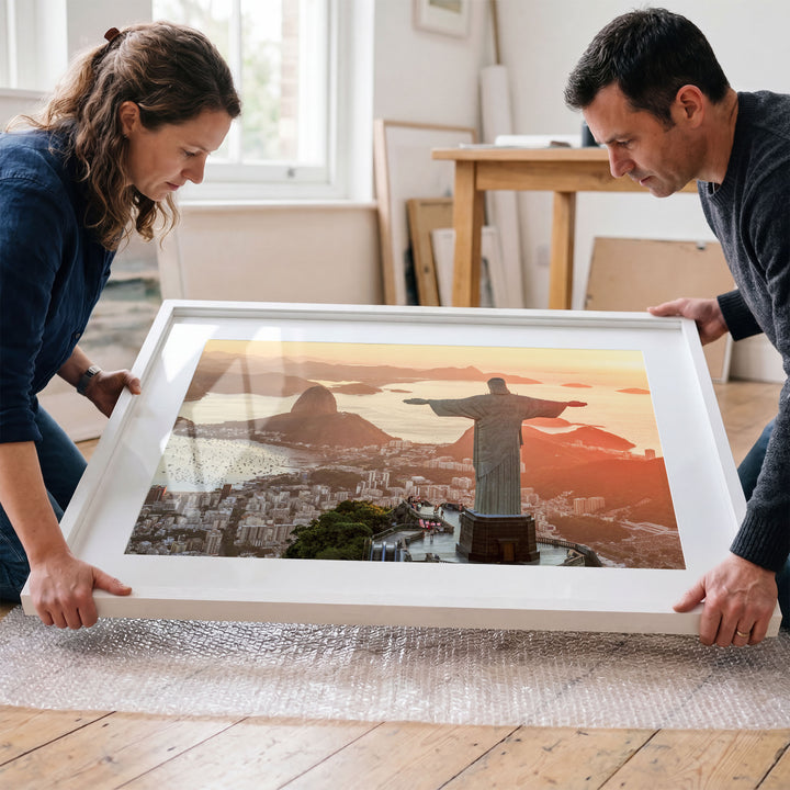 Christ the Redeemer at Golden Hour, Rio de Janeiro, Brazil framed wall art in a cozy interior