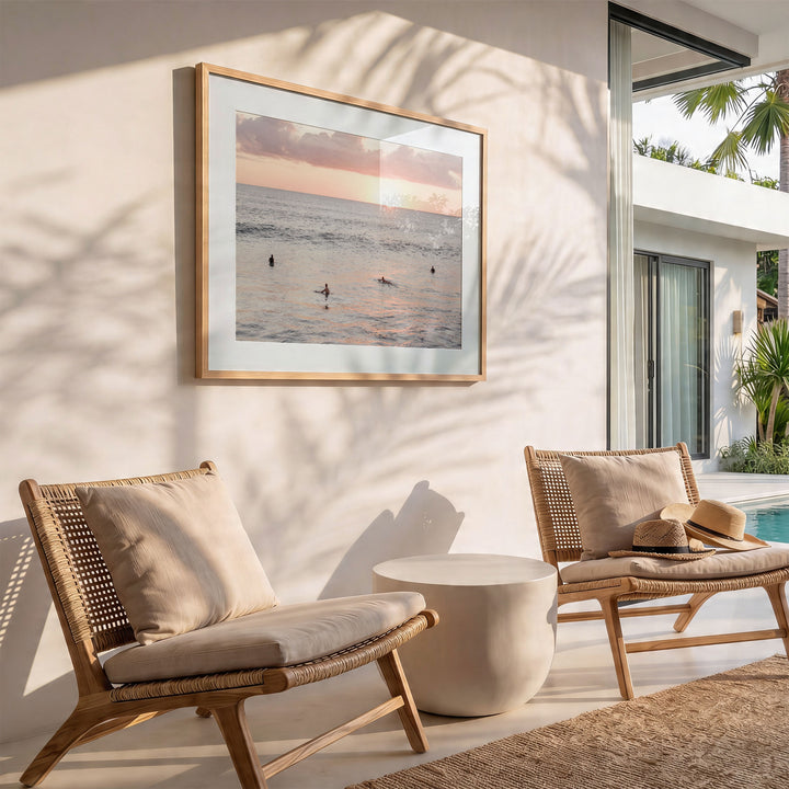 Surfers Waiting at Sunset, Costa Rica wall art in a modern interior
