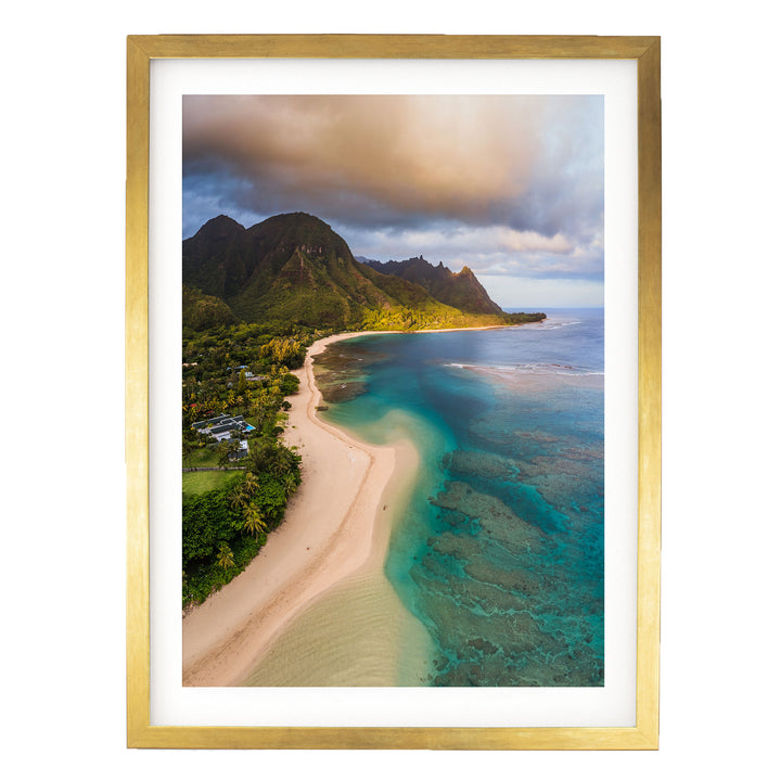 Tunnels Beach I, Kauai, Hawaii print in a gold frame with white mat