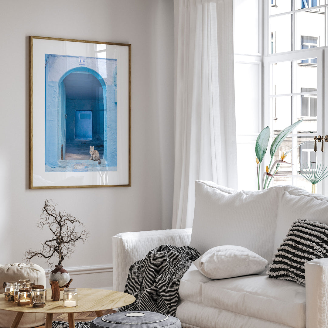 Cat in the Blue Doorway, Chefchaouen, Morocco wall art in a modern interior
