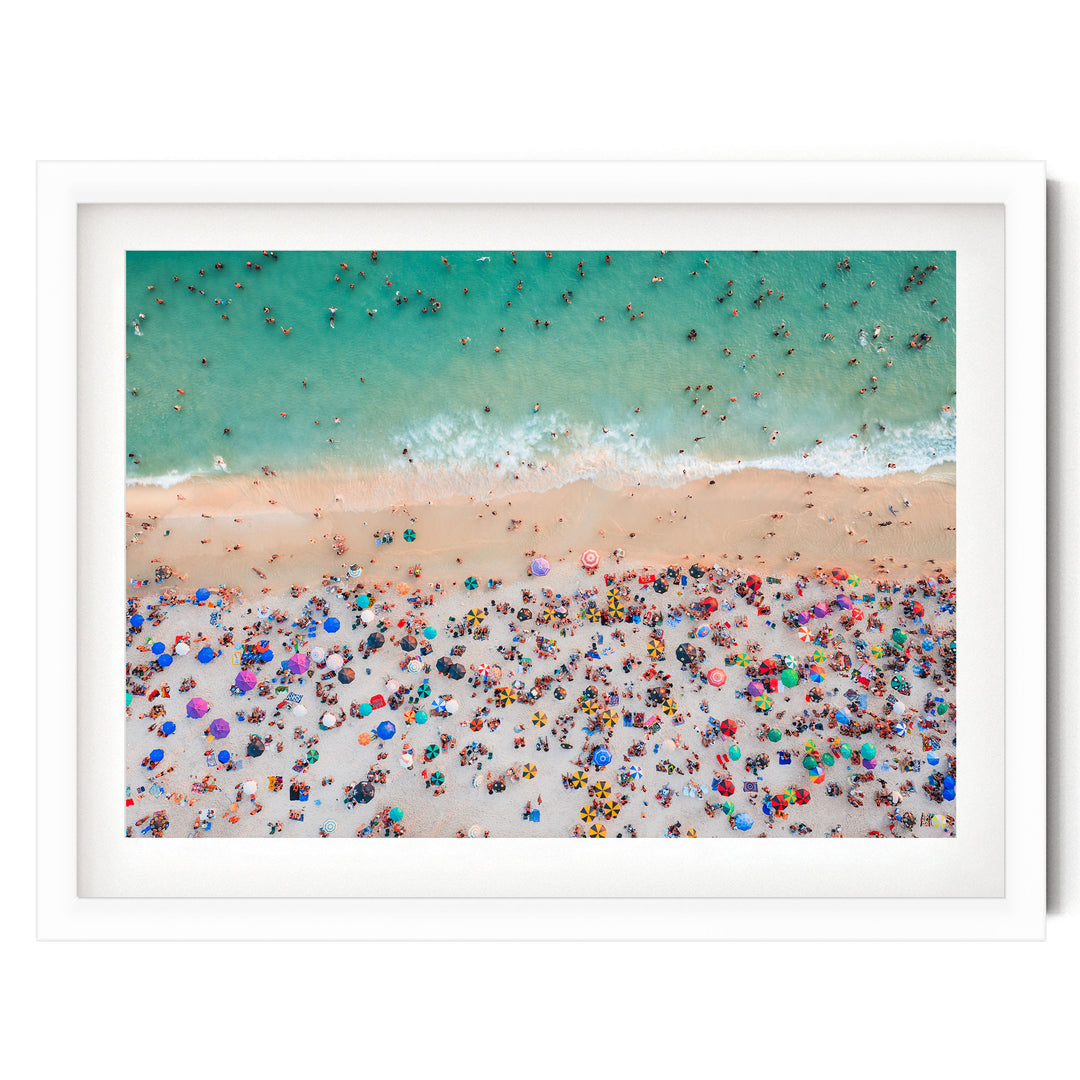 Beach Umbrellas from Above, Ipanema, Rio de Janeiro, Brazil print in a white frame with white mat