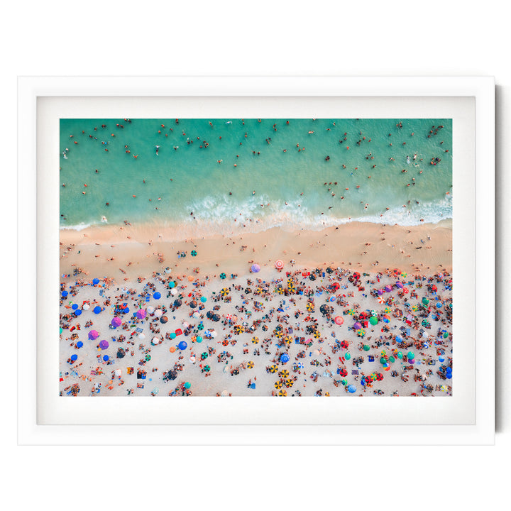 Beach Umbrellas from Above, Ipanema, Rio de Janeiro, Brazil print in a white frame with white mat