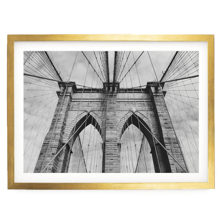 Brooklyn Bridge Tower, New York City – B&amp;W print in a gold frame with white mat