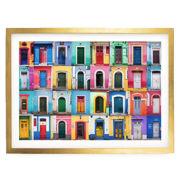 Colorful Doors of Brazil II print in a gold frame with white mat
