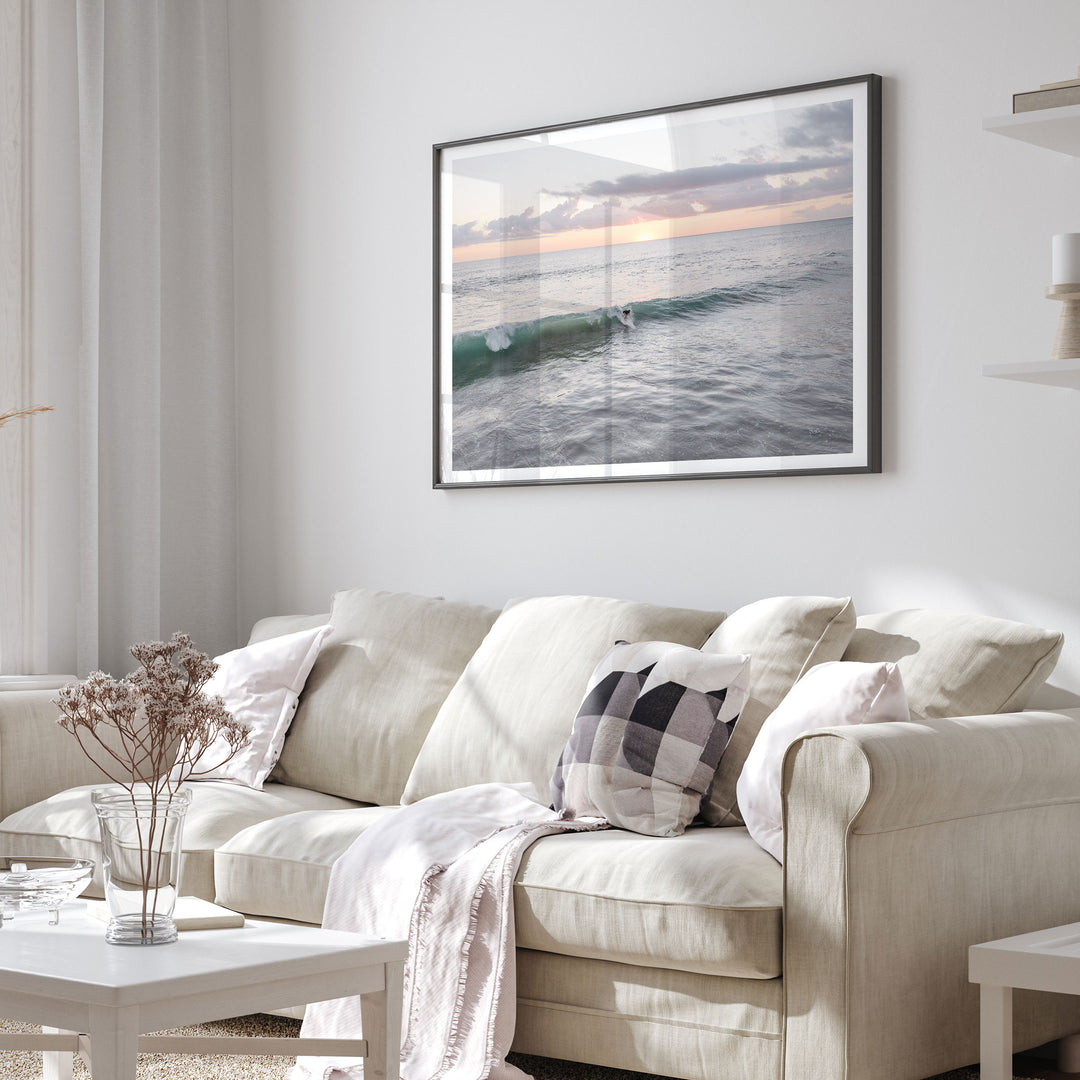 Riding the Wave at Sunset I, Costa Rica framed print in a living room setting