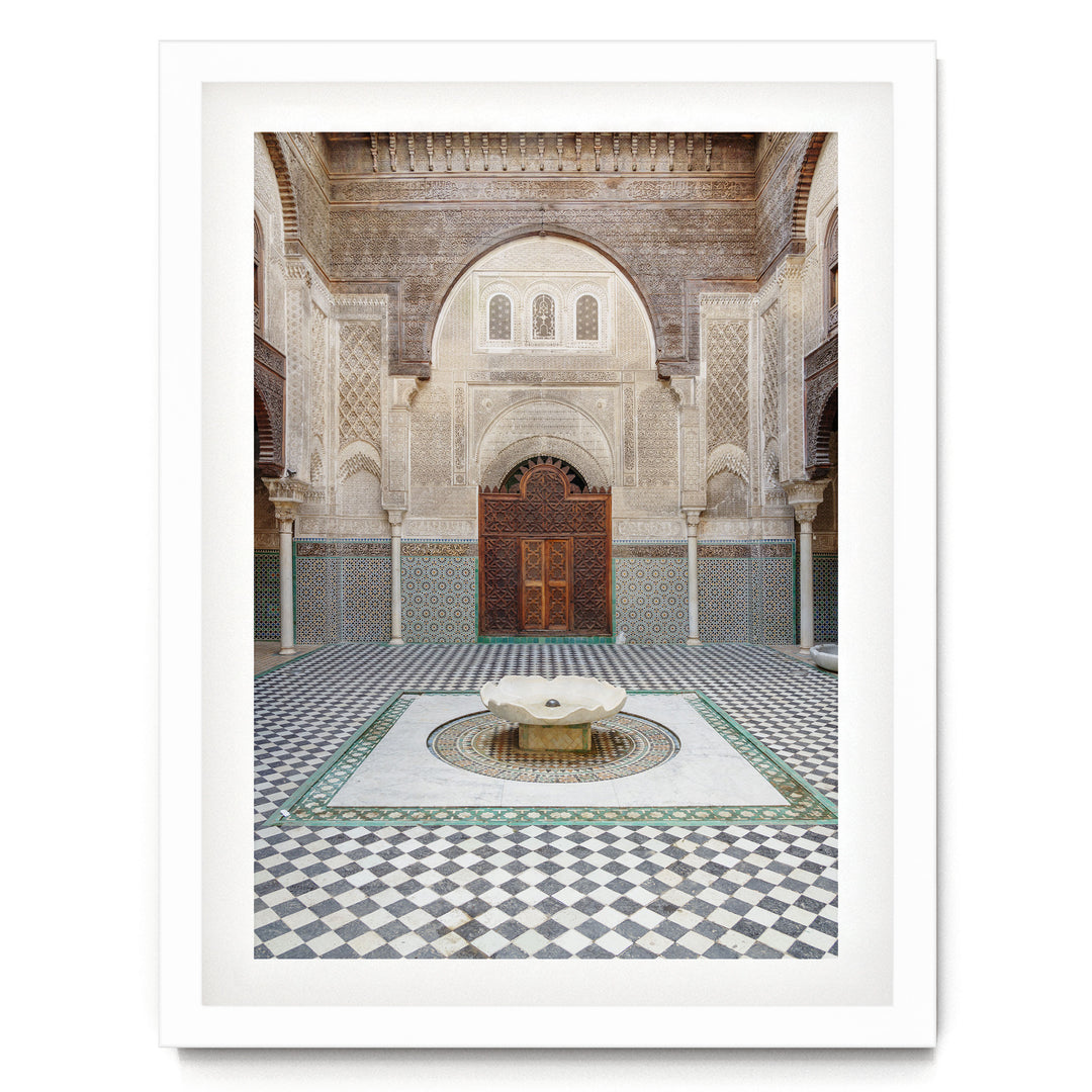 Madrasa Courtyard, Fes, Morocco print in a white frame with white mat