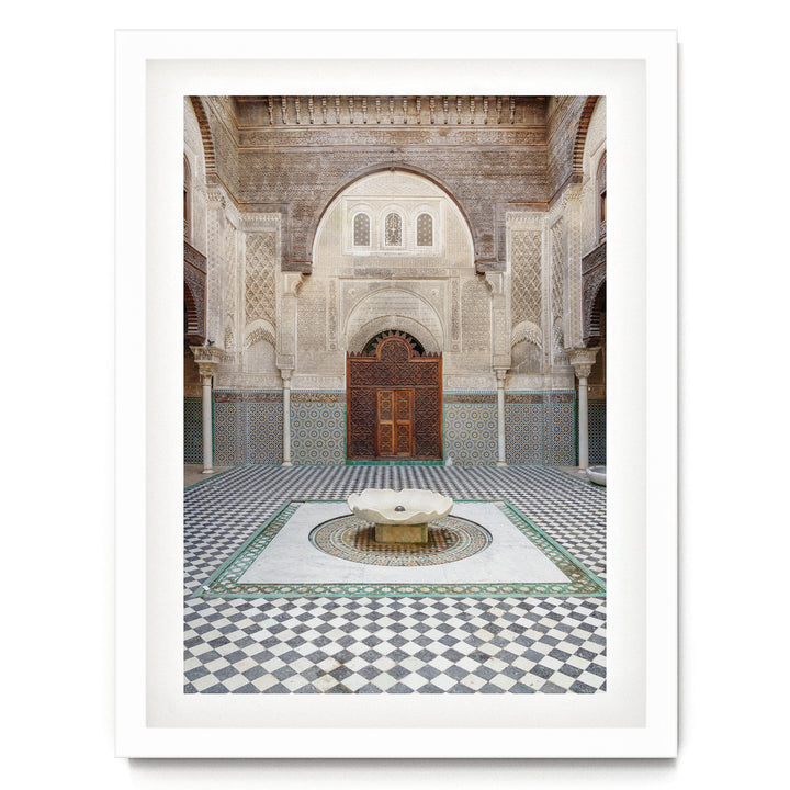 Madrasa Courtyard, Fes, Morocco print in a white frame with white mat
