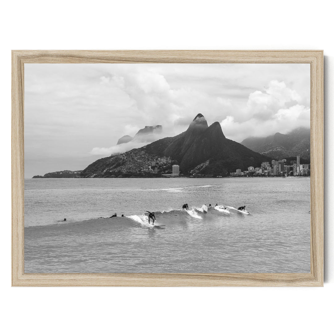 Surfers at Ipanema, Rio de Janeiro, Brazil – B&amp;W print in a natural wood frame without mat