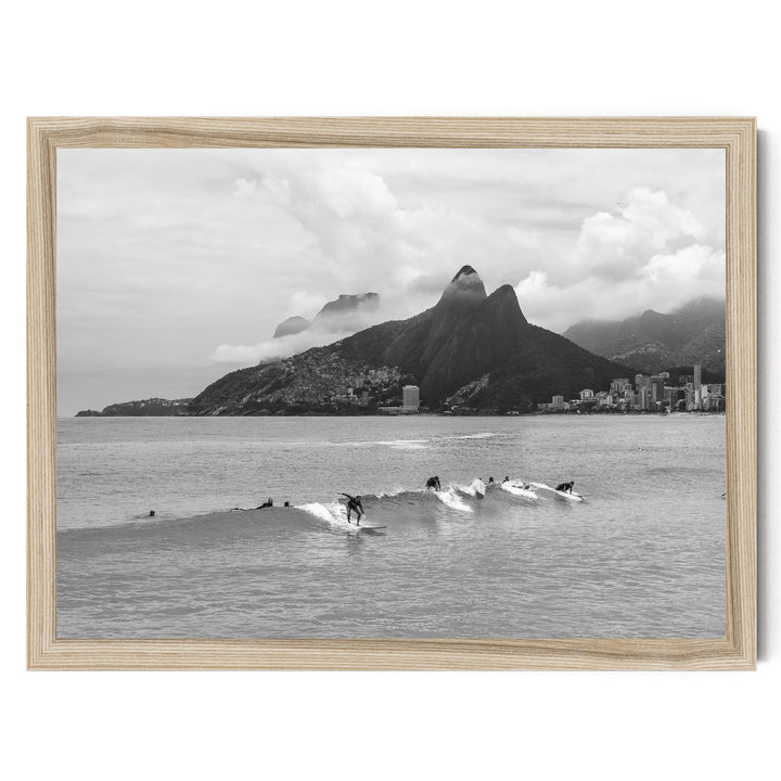 Surfers at Ipanema, Rio de Janeiro, Brazil – B&amp;W print in a natural wood frame without mat