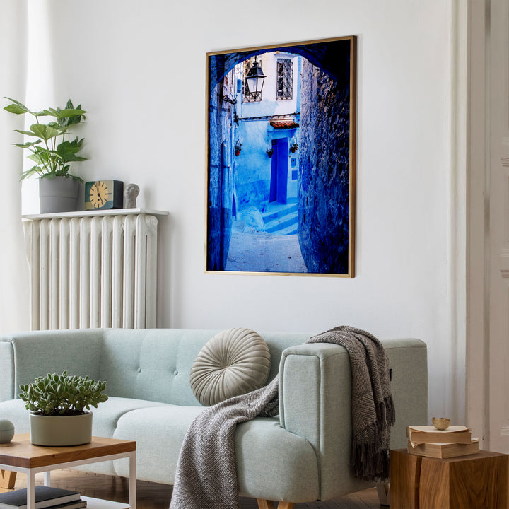 Blue Alley with Lantern, Chefchaouen, Morocco wall art mockup in an interior