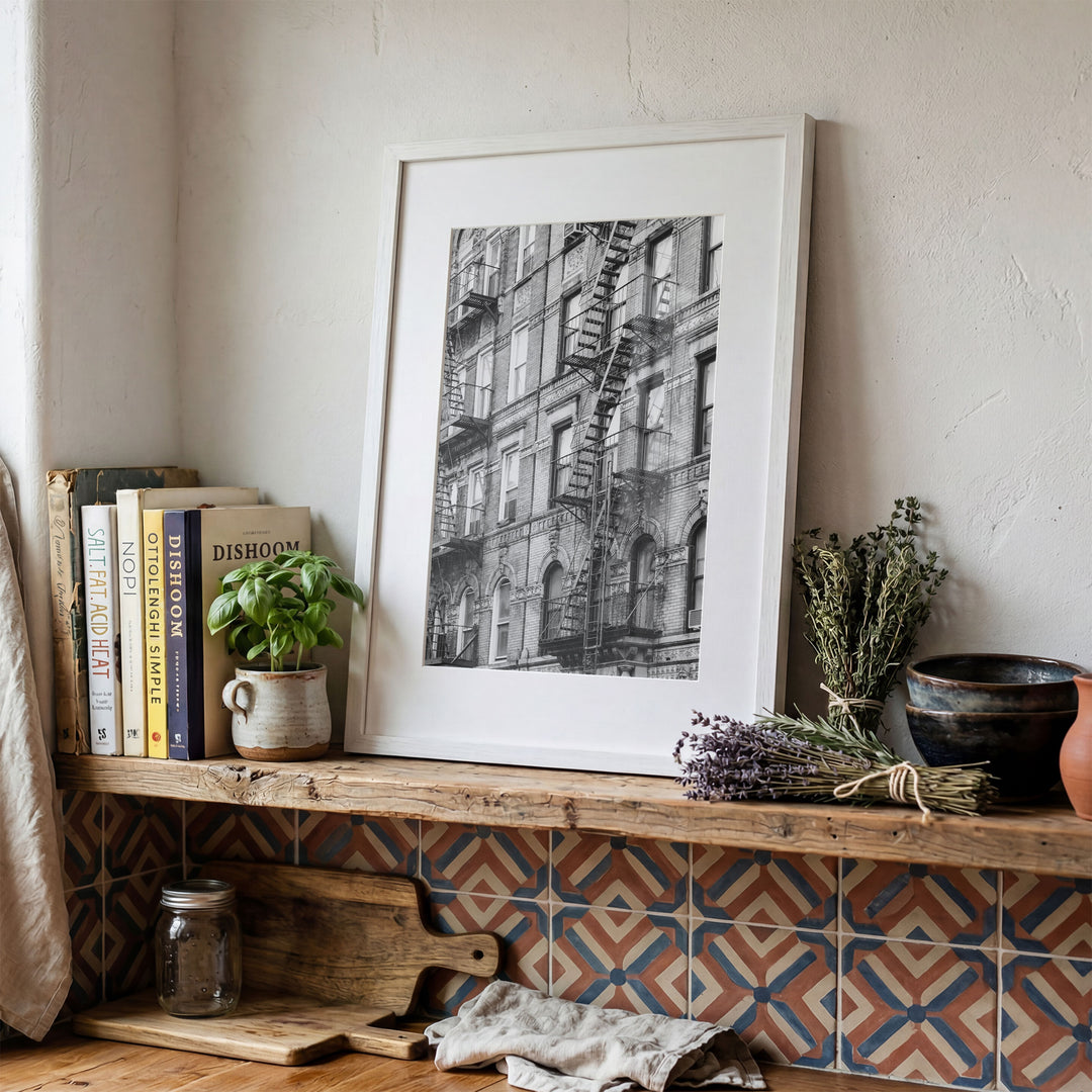 Fire Escapes, New York City – B&amp;W framed print in a living room setting