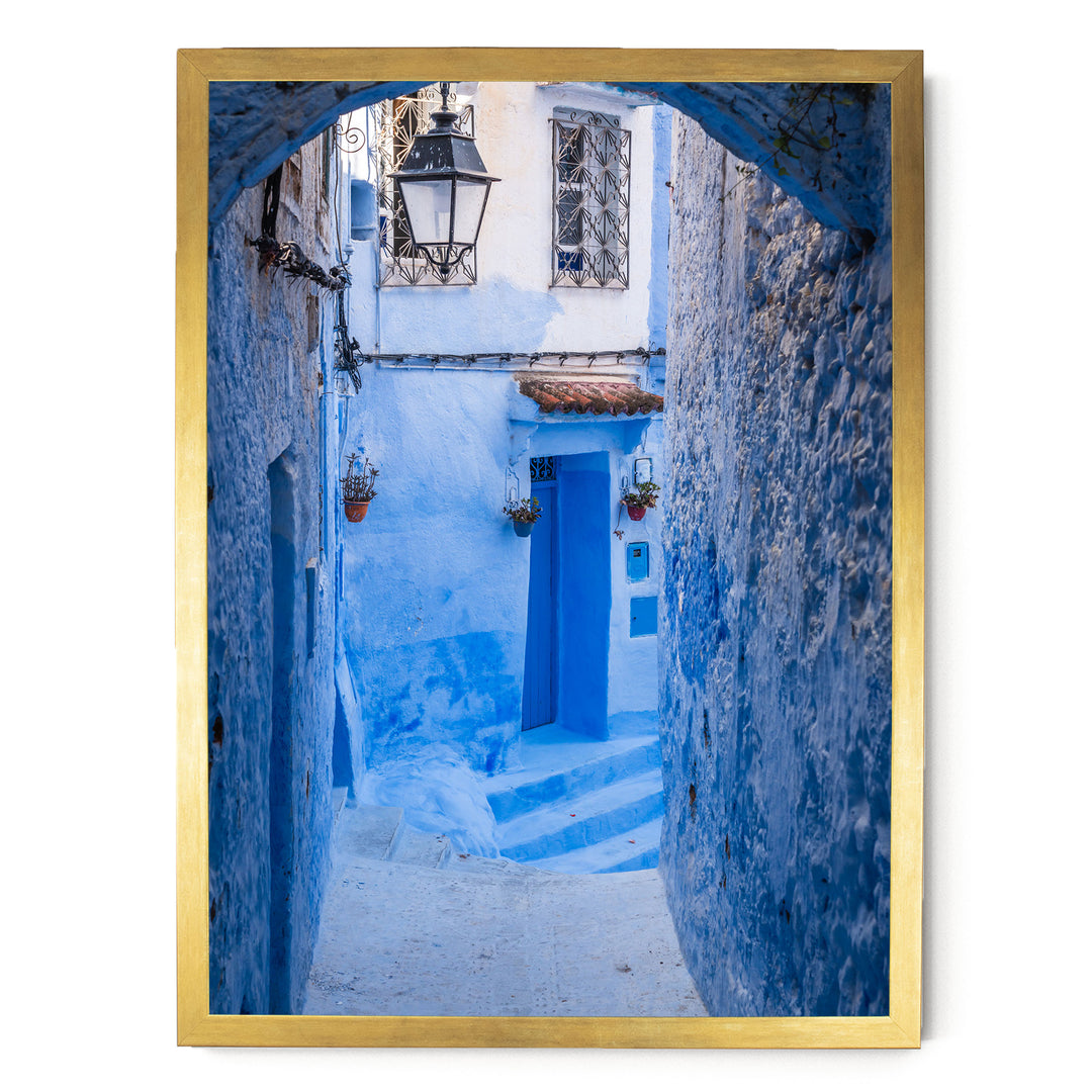 Blue Alley with Lantern, Chefchaouen, Morocco print in a gold frame without mat