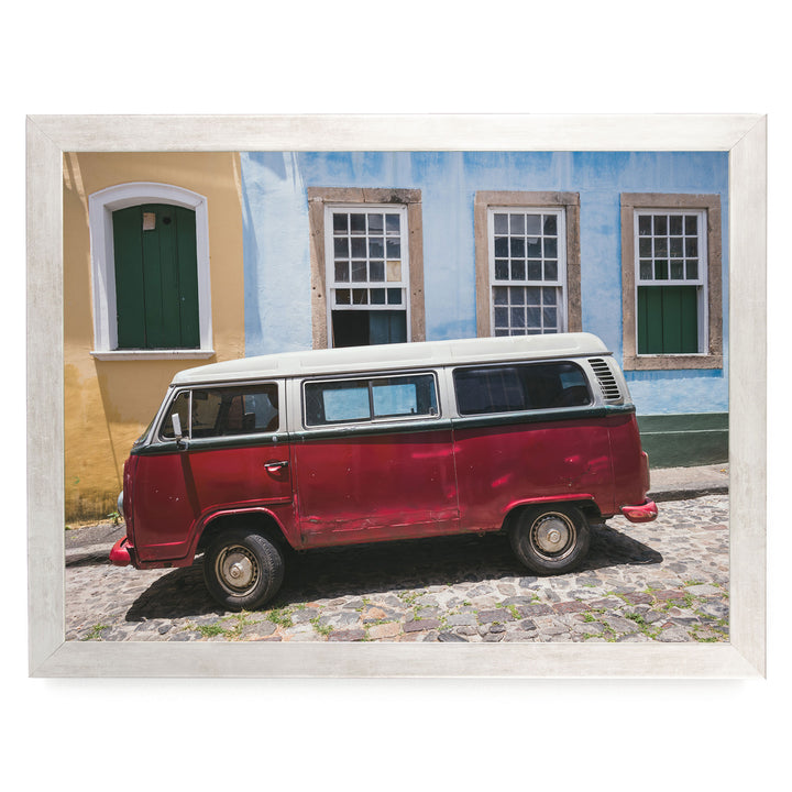 Red Kombi Van, Pelourinho, Salvador, Brazil print in a silver frame without mat