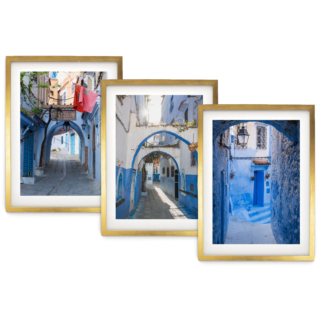 Blue City of Chefchaouen, Morocco print set of 3 in gold frames with white mat