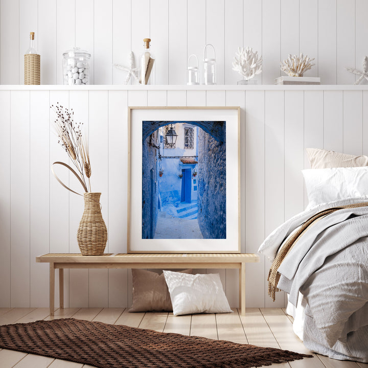 Blue Alley with Lantern, Chefchaouen, Morocco framed wall art in a home interior