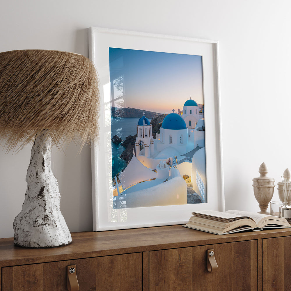 Iconic Santorini III, Oia, Greece framed print hanging in a styled interior