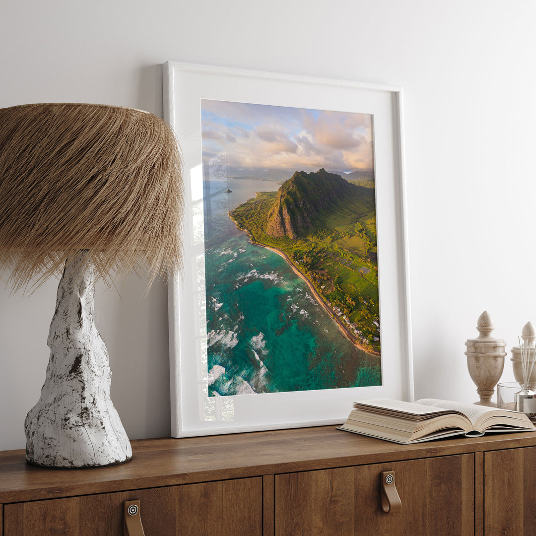 Oahu Sunrise II, Hawaii wall art displayed in a room setting