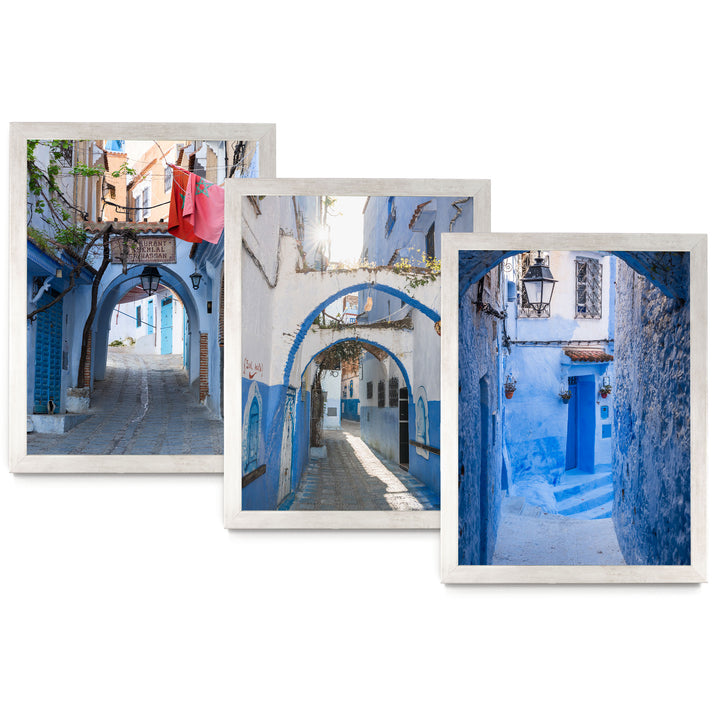 Blue City of Chefchaouen, Morocco print set of 3 in silver frames without mat